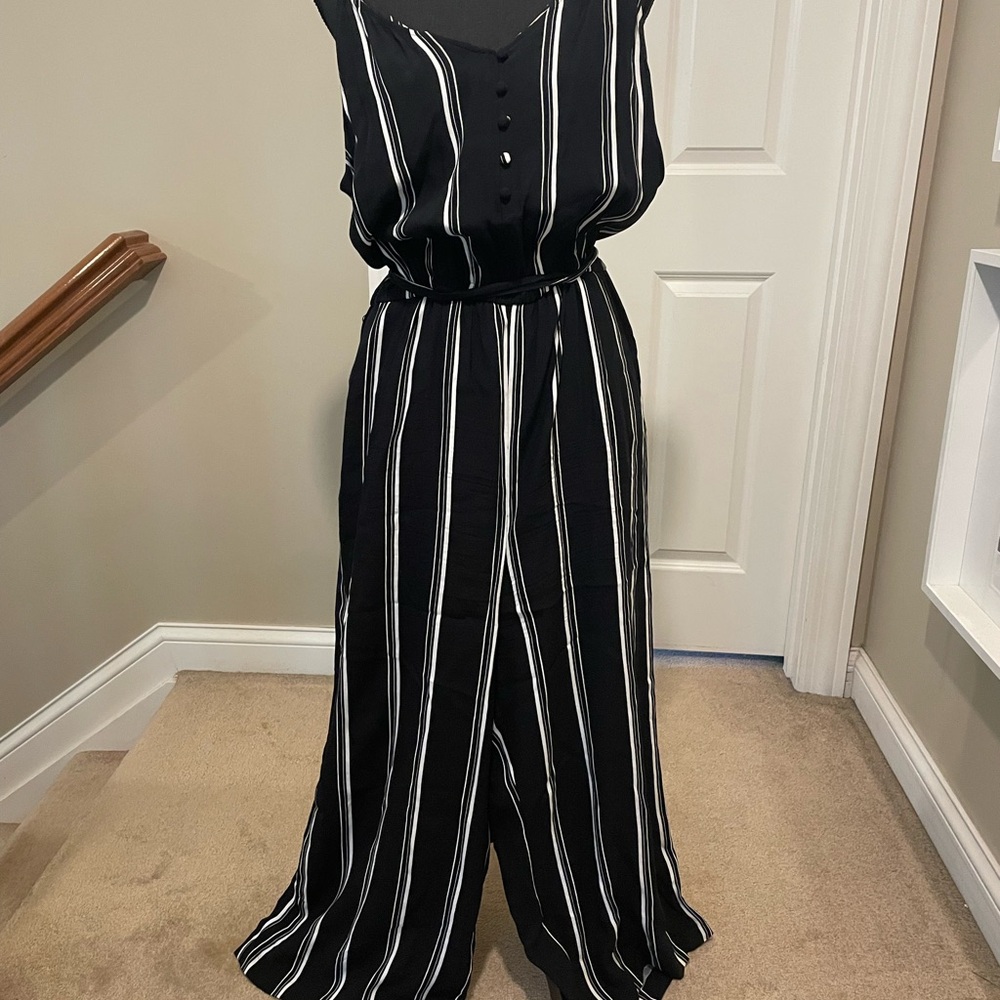 LOFT Black and White Striped Jumpsuit with Palazzo Pants